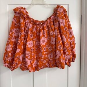 Free People Orange and Pink Floral Blouse